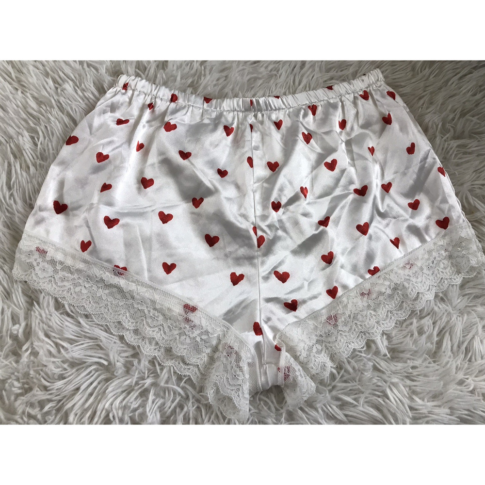 Women's Satin Heart Print Pajama Lace Trim Cami Top Size Medium White